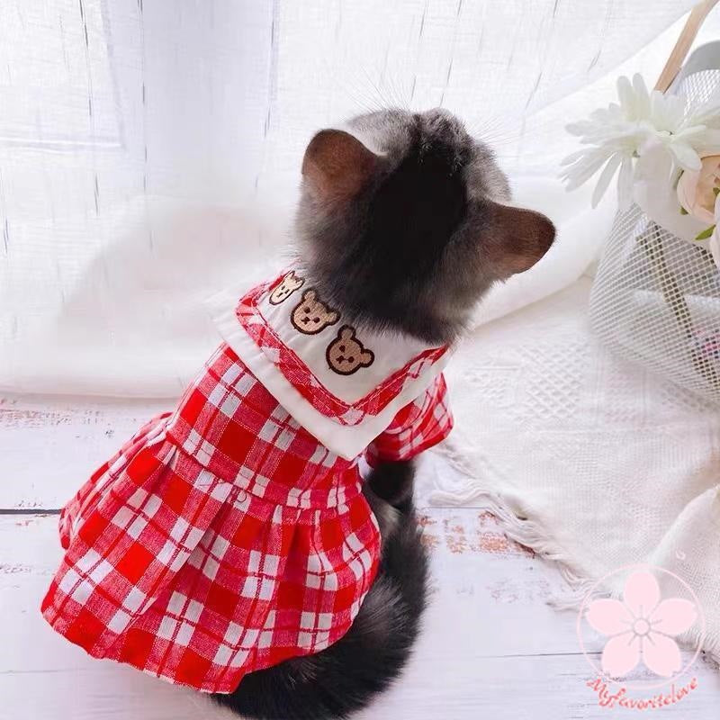 高級な質感 ペット 服 安い犬 春 夏 秋 ギンガム チェック ワンピース くまちゃん 柄 えり かわいい 可愛い ハイブランド 猫 ドッグウェア