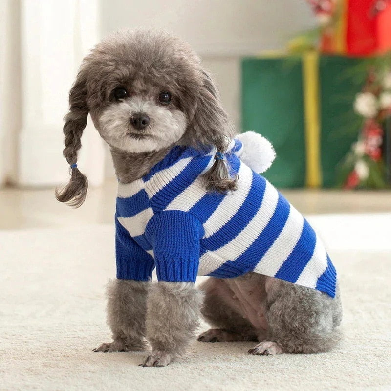 人气新作ホット冬ペット セーター クリスマス小型および中型犬ストライプ フード付きセーター ニット ペット服