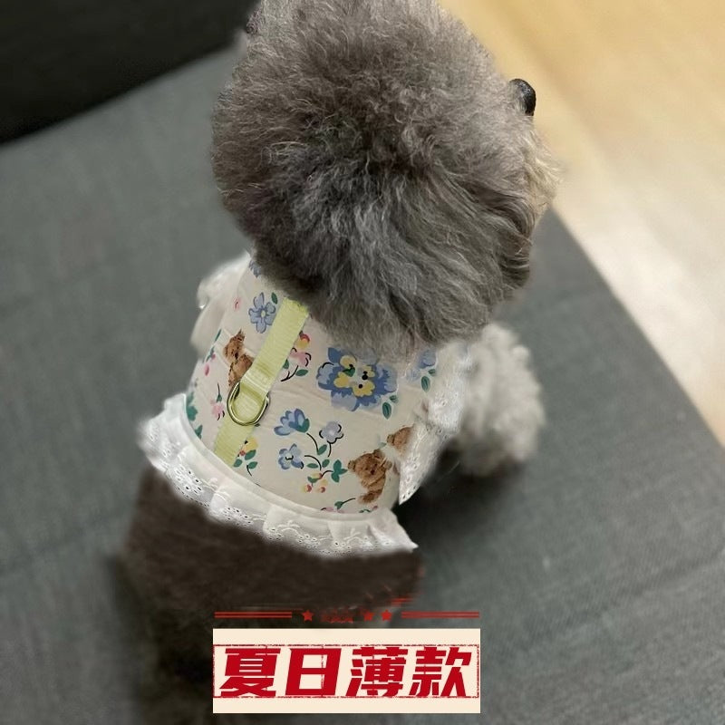 犬猫牽引ロープお姫様風通気ロープ小型犬かわいい子犬ペット胸帯猫服
