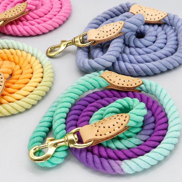 犬 リード ロープ 手作り ハンドメイド 自然素材 低アレルギー性 天然コットン 綿 本革 リアルレザー ゴールド 丈夫 かわいい おしゃれ 小型犬 中型犬 大型犬