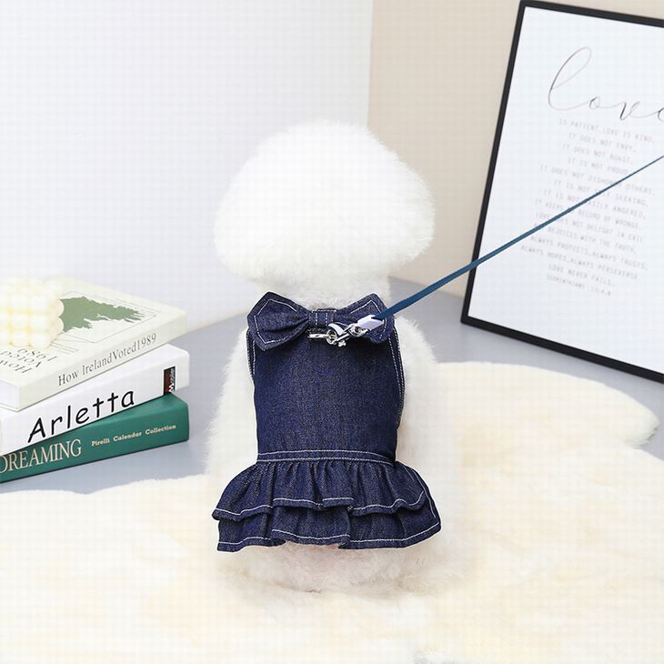 ペットウェアデニム 犬 服 新作秋冬 ペット服 犬猫服 快適で可愛い 春 小型犬 ペット服 けん引 マジックテープ着脱 ワンピース リードも付けれるペットウェア
