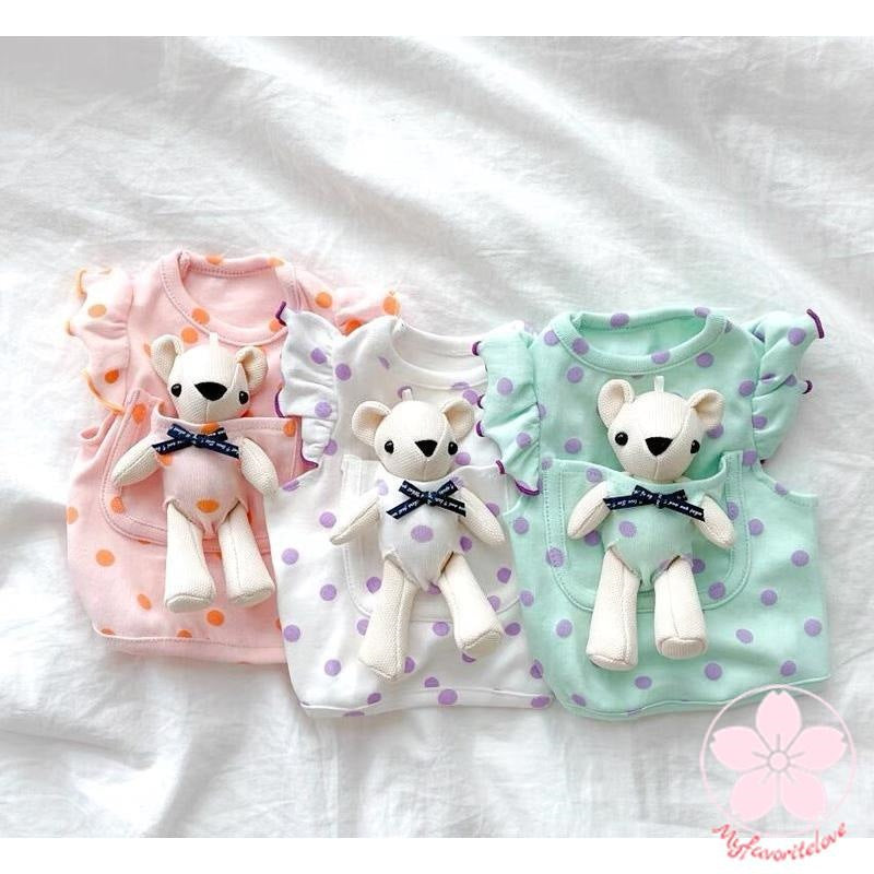 新入庫 犬服 ペット服 猫服 犬用洋服ドッグウェア猫服 ドット柄春夏秋冬使える可愛いお熊さん付き取り外せるおもちゃとしても使える