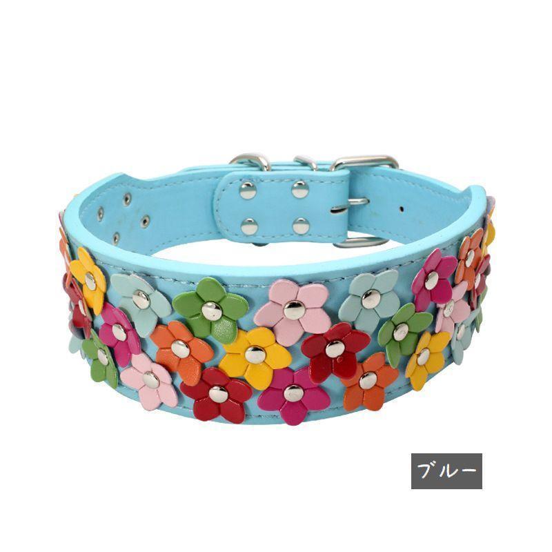 首輪 リード 犬用 ペット用 単品 幅広 カラー スタッズ 牽引紐 散歩紐 ドッグ 鋲 花 フラワー フェイクレザー かわいい カラフル ベルト おし