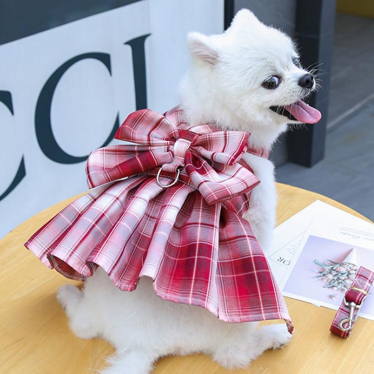 リボンワンピーススタイルがオシャレなハーネスとリードセット!2点セット チェックワンピース 犬 ハーネスリード 小型犬 中型犬 ステップハーネス ウェアハーネス 胸背 ペットウェア 犬用 介護用 首輪
