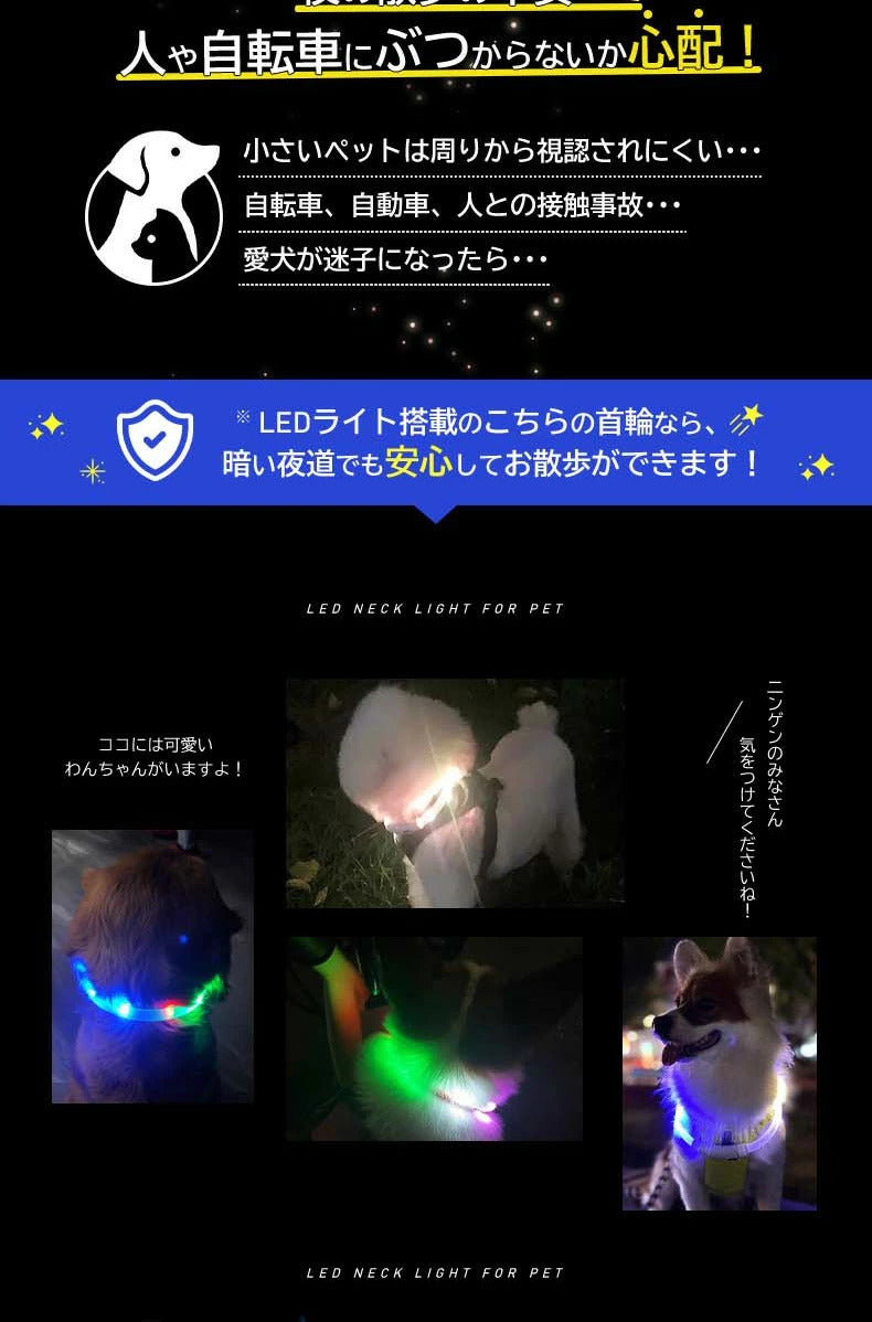首輪 光る 光る首輪 USB充電式 ペット 猫 LED ライト リード 光 点灯 点滅 蛍光 小型犬 中型犬 大型犬 夜 散歩 安全 事故防止 安全グッズ ペット用品 ドッググッズ 犬用品 便利 簡単
