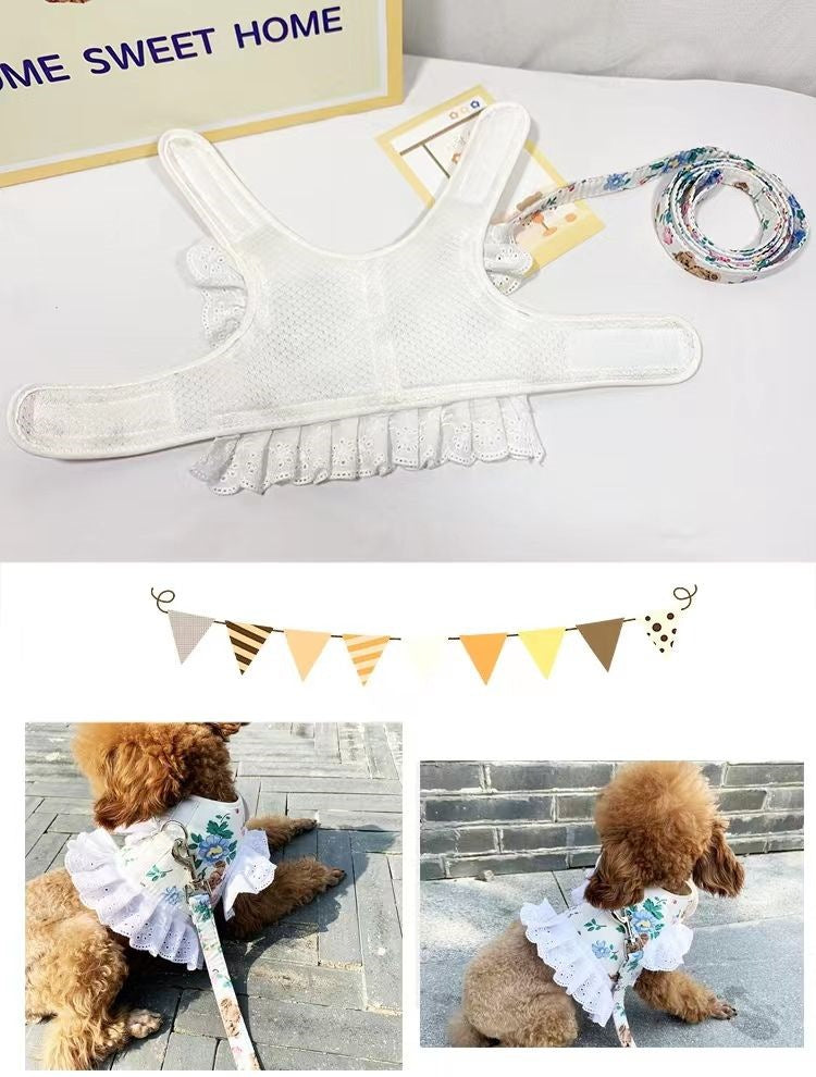 犬猫牽引ロープお姫様風通気ロープ小型犬かわいい子犬ペット胸帯猫服