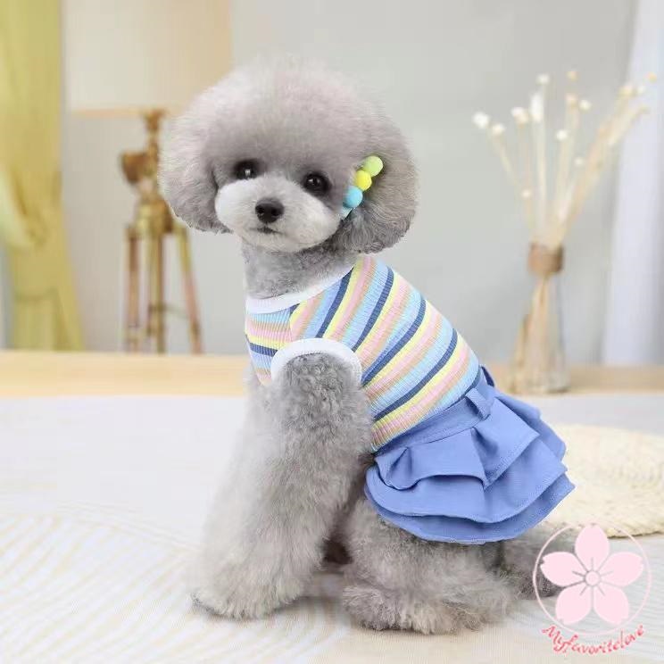 品質いいな新品 ペット 服 安い 犬 春 夏 秋 ボーダー デニム フリル ワンピース かわいい 可愛い ハイブランド 猫 ドッグ ウェア