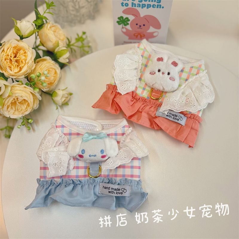 メガ割かわいいウサギ猫胸ストラップカラー格子犬牽引ロープ少女心ペット外出ロープ