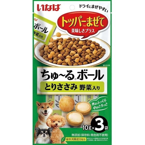<a href="https://www.qoo10.jp/gmkt.inc/Search/brand.aspx?brandno=77771" target="_blank" class="title_brand" id="btn_brand" title="いなばペットフード">いなばペットフード</a>いなば ちゅ~るボール とりささみ 野菜入り 10g×3袋