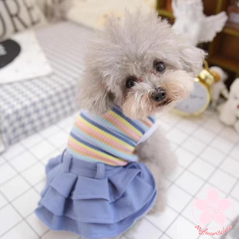 品質いいな新品 ペット 服 安い 犬 春 夏 秋 ボーダー デニム フリル ワンピース かわいい 可愛い ハイブランド 猫 ドッグ ウェア