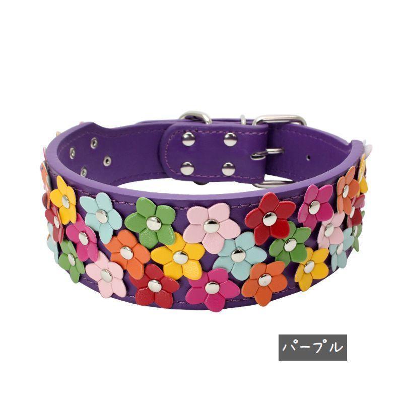 首輪 リード 犬用 ペット用 単品 幅広 カラー スタッズ 牽引紐 散歩紐 ドッグ 鋲 花 フラワー フェイクレザー かわいい カラフル ベルト おし