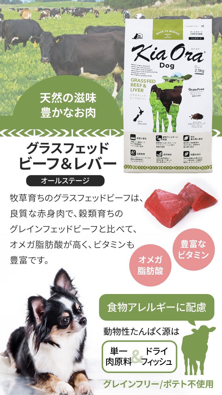 <a href="https://www.qoo10.jp/gmkt.inc/Search/brand.aspx?brandno=110758" target="_blank" class="title_brand" id="btn_brand" title="KiaOra">KiaOra</a>ドッグフード グラスフェッドビーフ&レバー 4.5kg【わんわんウエットてぃっしゅ1個付き】
