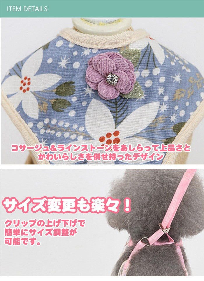 キャット ハーネス 犬 メッシュ リード付 ドッグ リボン ラインストーン コサージュ 胴輪 フラワー ウェアハーネス ペット