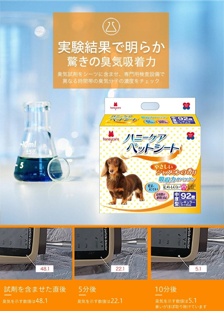 <a href="https://www.qoo10.jp/gmkt.inc/Search/brand.aspx?brandno=109151" target="_blank" class="title_brand" id="btn_brand" title="Honeycare">Honeycare</a>ペットシーツ 中厚型 ジャスミンの香り付き ペットシート厚型 レギュラー92枚*6袋 ワイド46枚*6袋 スーパーワイド20枚*6袋 香り付き サイズの選択
