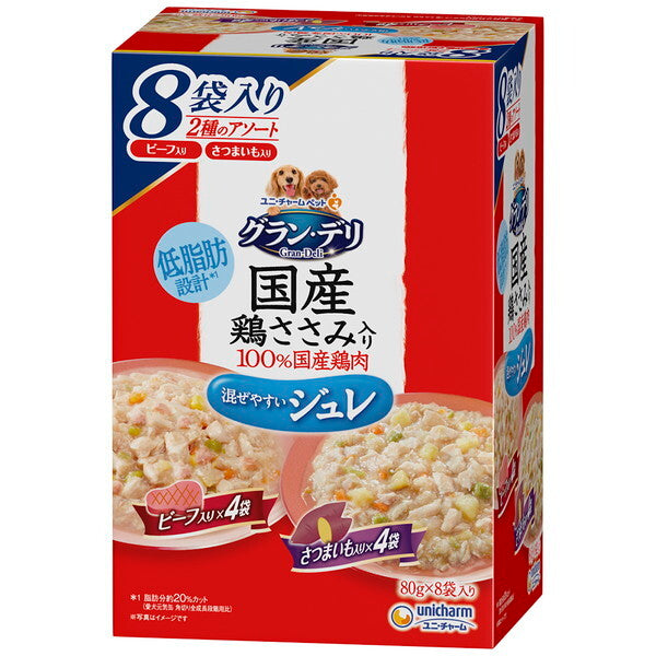 <a href="https://www.qoo10.jp/gmkt.inc/Search/brand.aspx?brandno=18151" target="_blank" class="title_brand" id="btn_brand" title="ユニ・チャーム">ユニ・チャーム</a>グランデリ 国産鶏ささみパウチ ジュレ 成犬用8袋パック ビーフ入り&さつまいも入り 80g8袋
