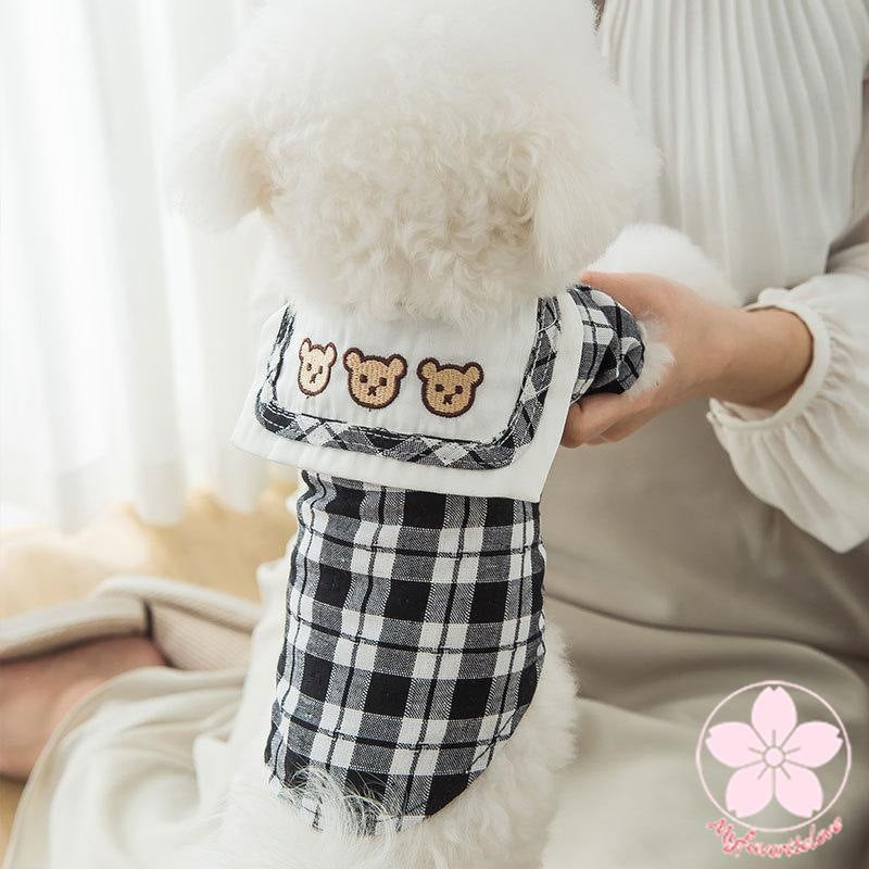 高級な質感 ペット 服 安い犬 春 夏 秋 ギンガム チェック ワンピース くまちゃん 柄 えり かわいい 可愛い ハイブランド 猫 ドッグウェア