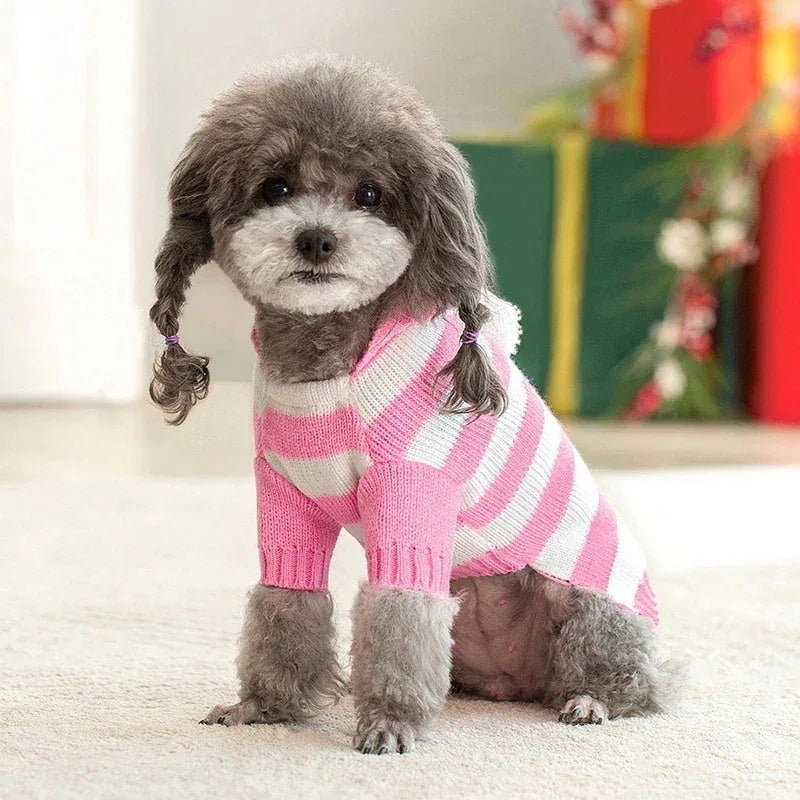 人气新作ホット冬ペット セーター クリスマス小型および中型犬ストライプ フード付きセーター ニット ペット服