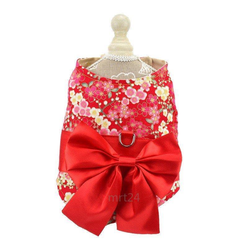 ドッグウェア 犬服 リード付き 着物風 和服風 和風 花柄 桜 薔薇 蝶 チョウ リボン帯 レトロ