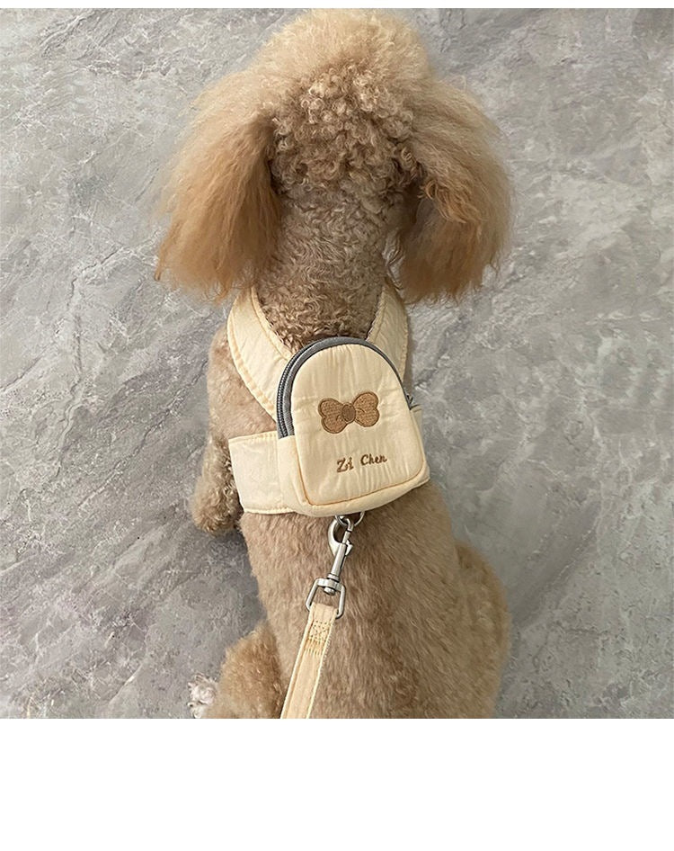 かわいいペットの犬はバックパックから散歩に出かけます