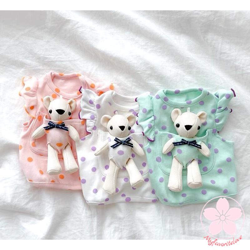 新入庫 犬服 ペット服 猫服 犬用洋服ドッグウェア猫服 ドット柄春夏秋冬使える可愛いお熊さん付き取り外せるおもちゃとしても使える