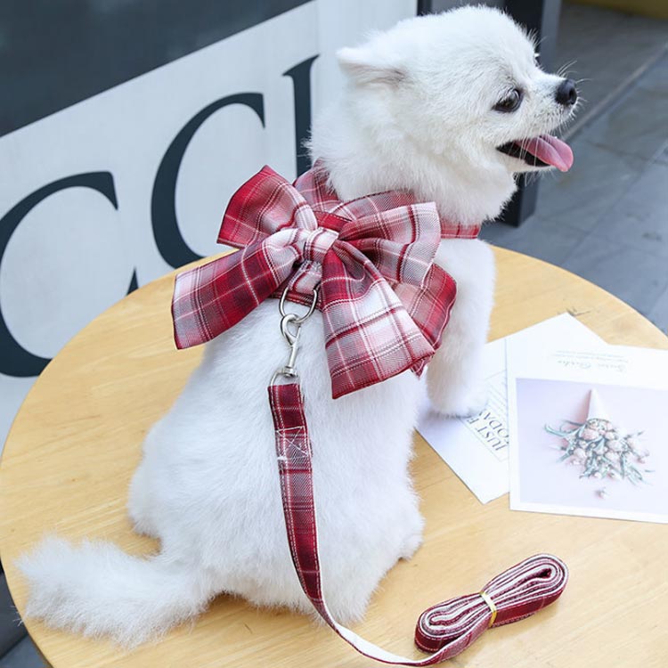 リボンワンピーススタイルがオシャレなハーネスとリードセット!2点セット チェックワンピース 犬 ハーネスリード 小型犬 中型犬 ステップハーネス ウェアハーネス 胸背 ペットウェア 犬用 介護用 首輪