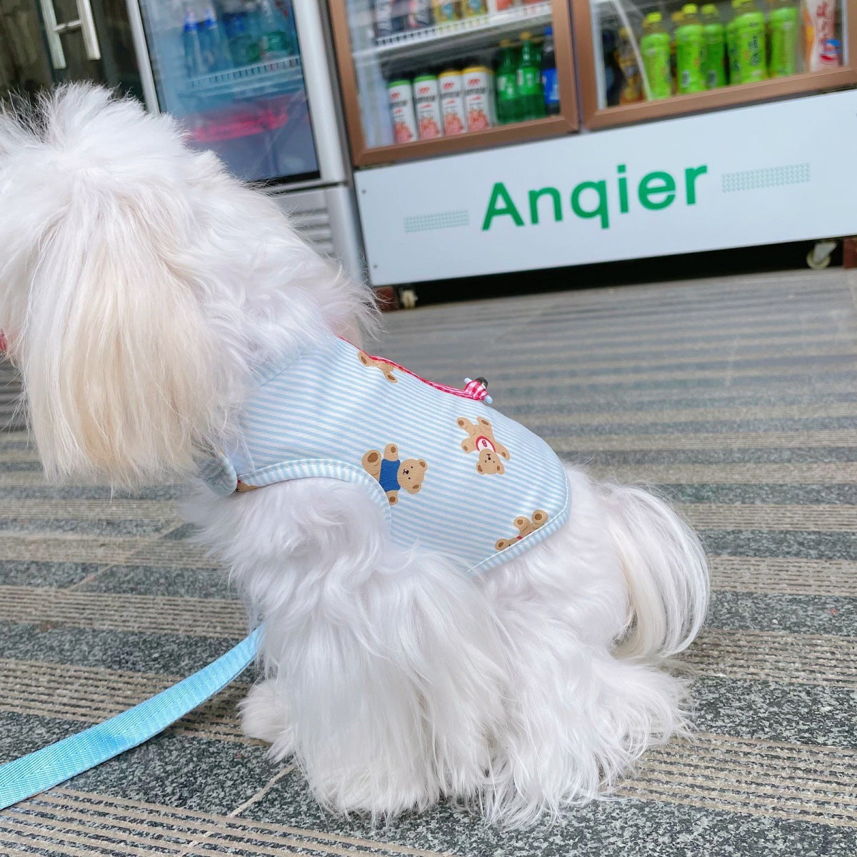 韓国の純綿のかわいいストライプの熊の胸のペットの牽引縄は犬のテディの熊のセットを散歩します メガ割ワンピースパンツトートバッグ