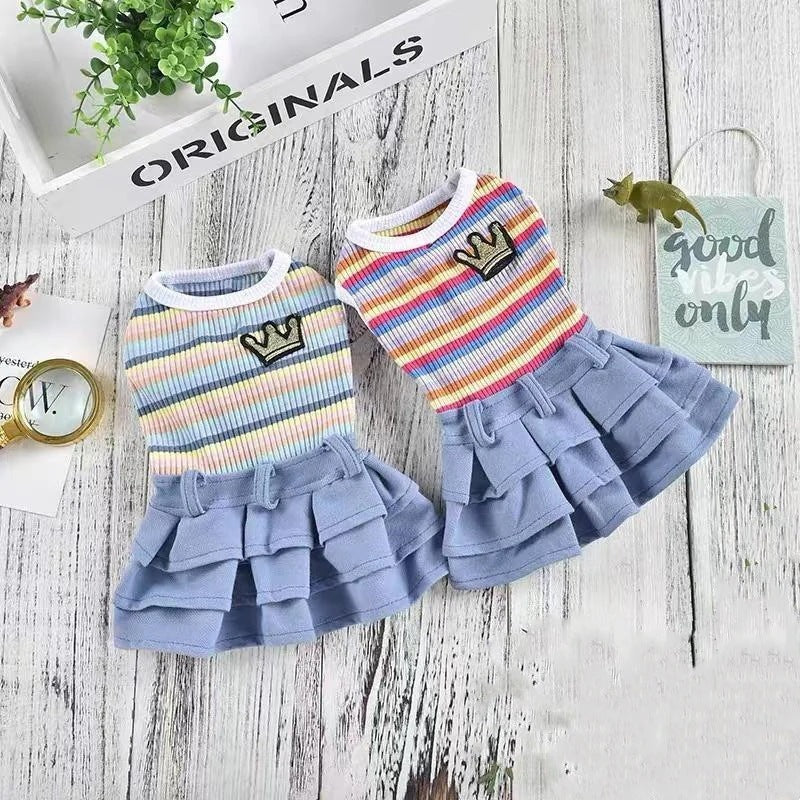 品質いいな新品 ペット 服 安い 犬 春 夏 秋 ボーダー デニム フリル ワンピース かわいい 可愛い ハイブランド 猫 ドッグ ウェア