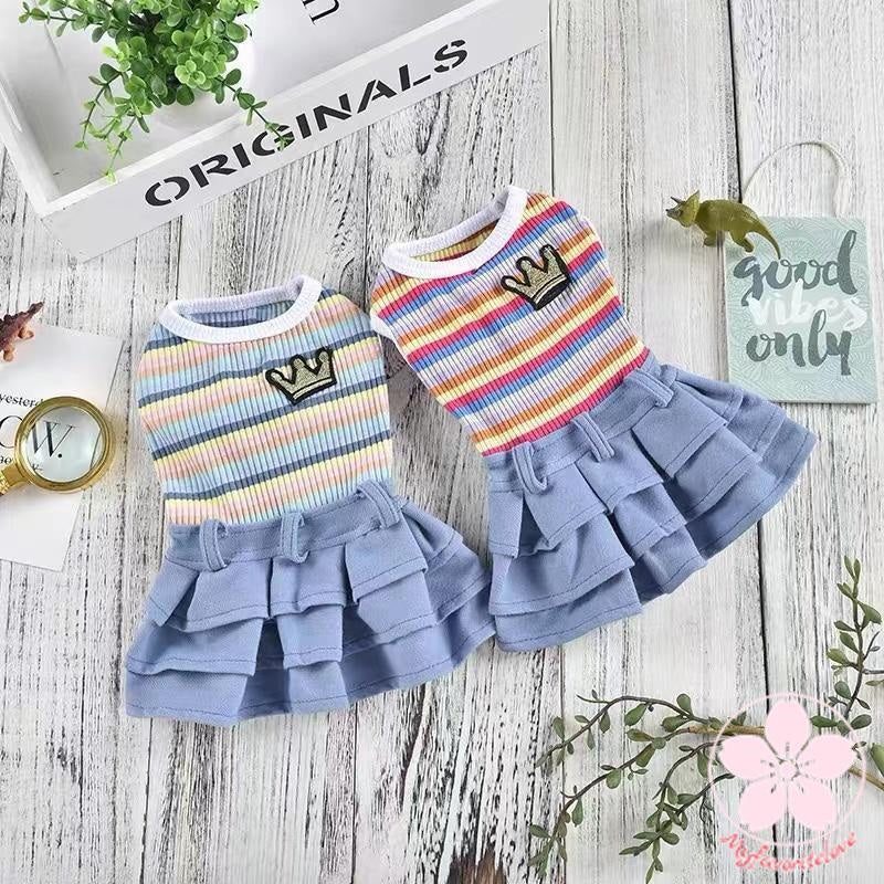 品質いいな新品 ペット 服 安い 犬 春 夏 秋 ボーダー デニム フリル ワンピース かわいい 可愛い ハイブランド 猫 ドッグ ウェア