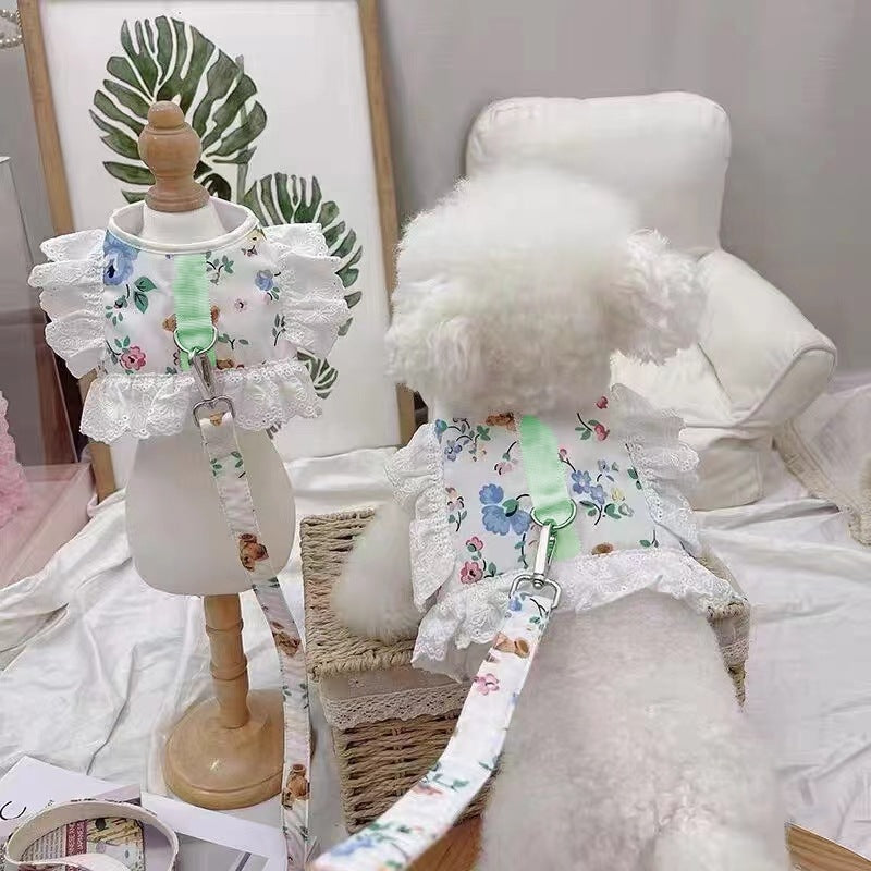 犬猫牽引ロープお姫様風通気ロープ小型犬かわいい子犬ペット胸帯猫服