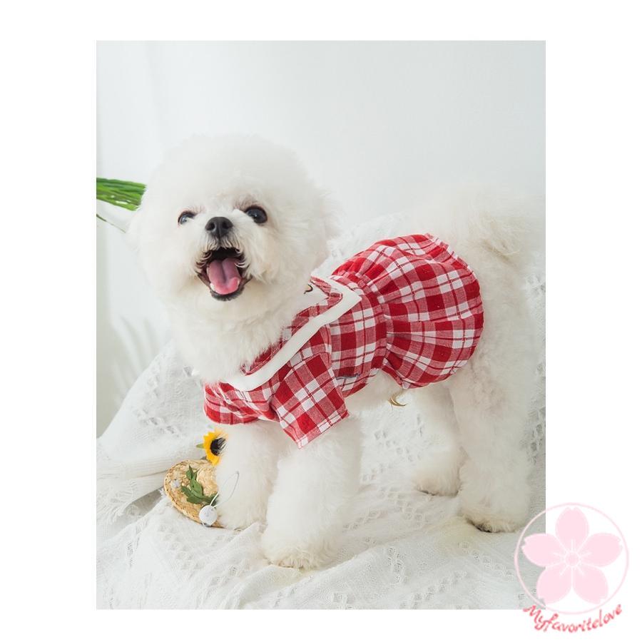 高級な質感 ペット 服 安い犬 春 夏 秋 ギンガム チェック ワンピース くまちゃん 柄 えり かわいい 可愛い ハイブランド 猫 ドッグウェア