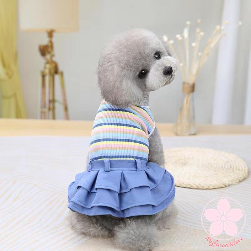 品質いいな新品 ペット 服 安い 犬 春 夏 秋 ボーダー デニム フリル ワンピース かわいい 可愛い ハイブランド 猫 ドッグ ウェア