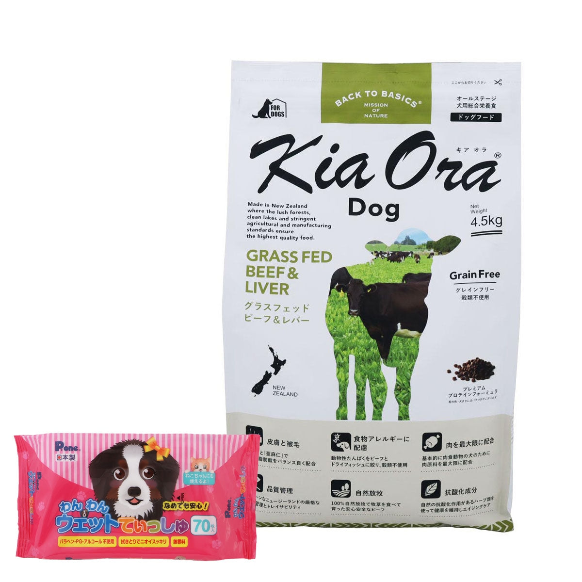 <a href="https://www.qoo10.jp/gmkt.inc/Search/brand.aspx?brandno=110758" target="_blank" class="title_brand" id="btn_brand" title="KiaOra">KiaOra</a>ドッグフード グラスフェッドビーフ&レバー 4.5kg【わんわんウエットてぃっしゅ1個付き】