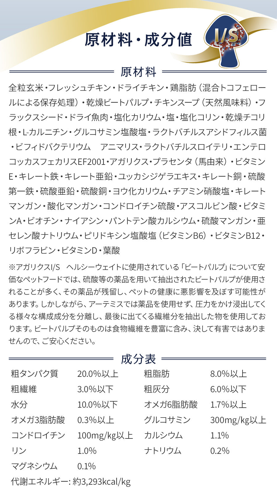 <a href="https://www.qoo10.jp/gmkt.inc/Search/brand.aspx?brandno=110621" target="_blank" class="title_brand" id="btn_brand" title="artemis">artemis</a>アガリクス I/S ヘルシーウエイト 小粒 6.8kg【国産鹿肉ジャーキー20g付き】