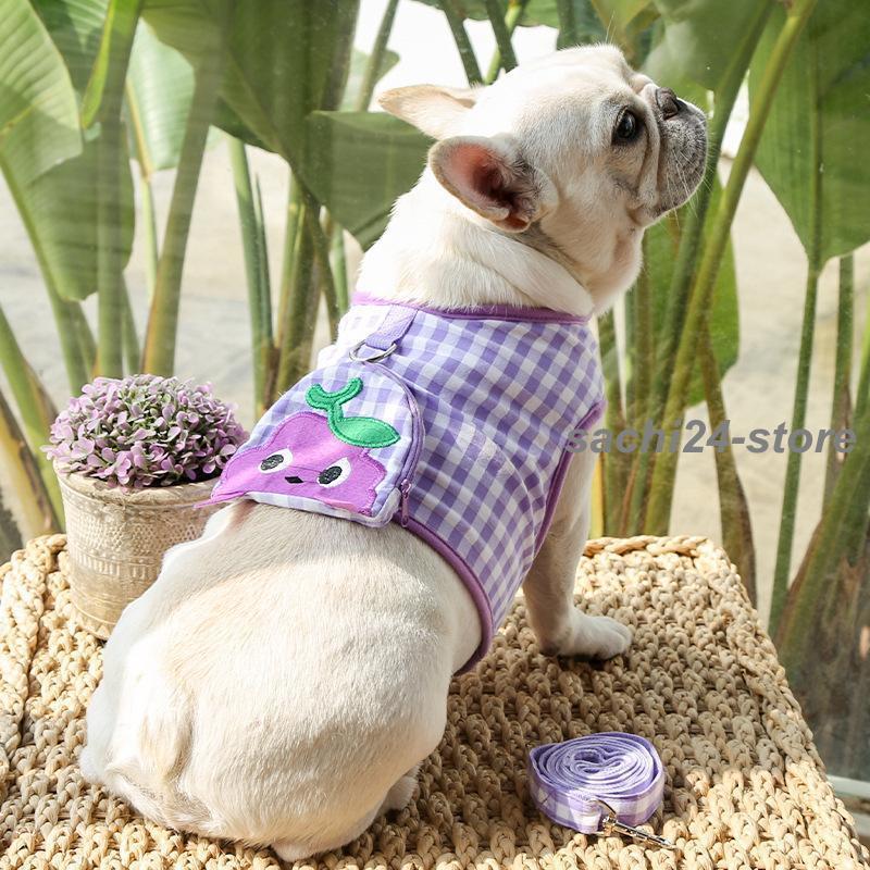 着脱簡単 ハーネス カジュアル チェック柄 猫用 おしゃれ リード レモン バッグ付き 犬用 かわいい 2点セット 苺 ブドウ Dカン 縄 ペット用品