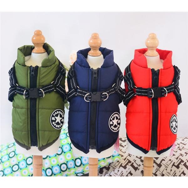 犬 服 犬の服 犬用ベスト ダウン風ベスト 犬用アウター ペット服 ハーネス一体 ドッグウェア 中綿 冬服 小型犬 中型犬 ジップアップ 防寒 温かい