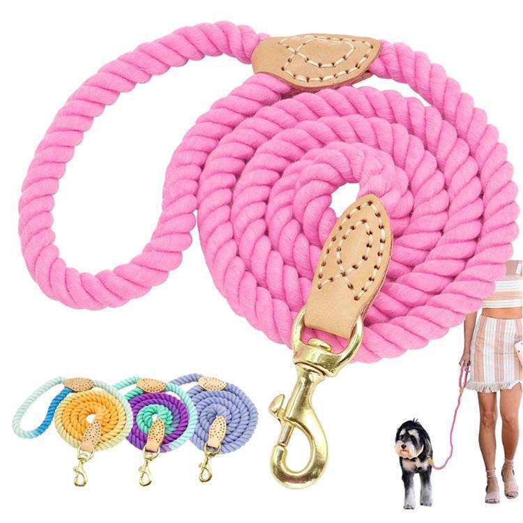 犬 リード ロープ 手作り ハンドメイド 自然素材 低アレルギー性 天然コットン 綿 本革 リアルレザー ゴールド 丈夫 かわいい おしゃれ 小型犬 中型犬 大型犬