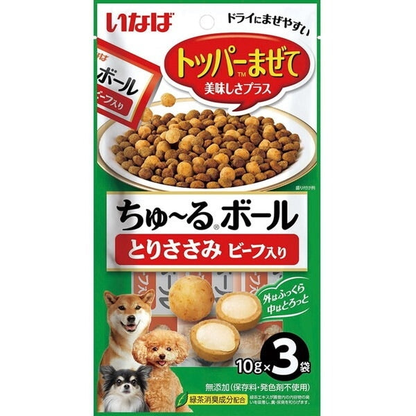 <a href="https://www.qoo10.jp/gmkt.inc/Search/brand.aspx?brandno=77771" target="_blank" class="title_brand" id="btn_brand" title="いなばペットフード">いなばペットフード</a>いなば ちゅ~るボール とりささみ ビーフ入り 10g×3袋