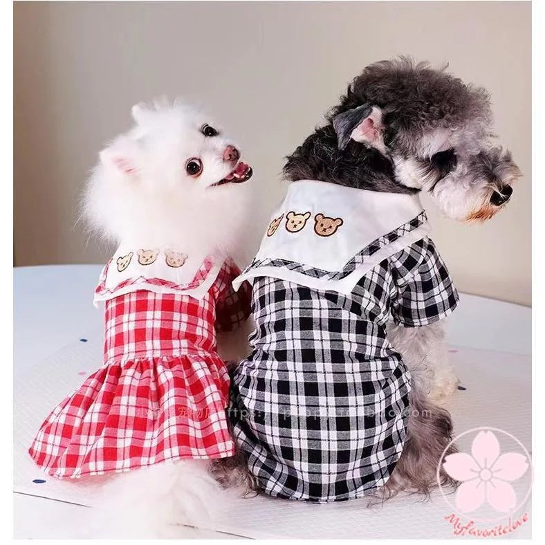 高級な質感 ペット 服 安い犬 春 夏 秋 ギンガム チェック ワンピース くまちゃん 柄 えり かわいい 可愛い ハイブランド 猫 ドッグウェア