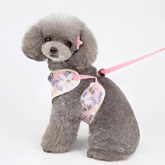 キャット ハーネス 犬 メッシュ リード付 ドッグ リボン ラインストーン コサージュ 胴輪 フラワー ウェアハーネス ペット