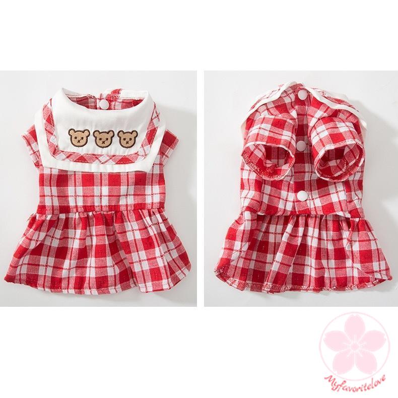 高級な質感 ペット 服 安い犬 春 夏 秋 ギンガム チェック ワンピース くまちゃん 柄 えり かわいい 可愛い ハイブランド 猫 ドッグウェア