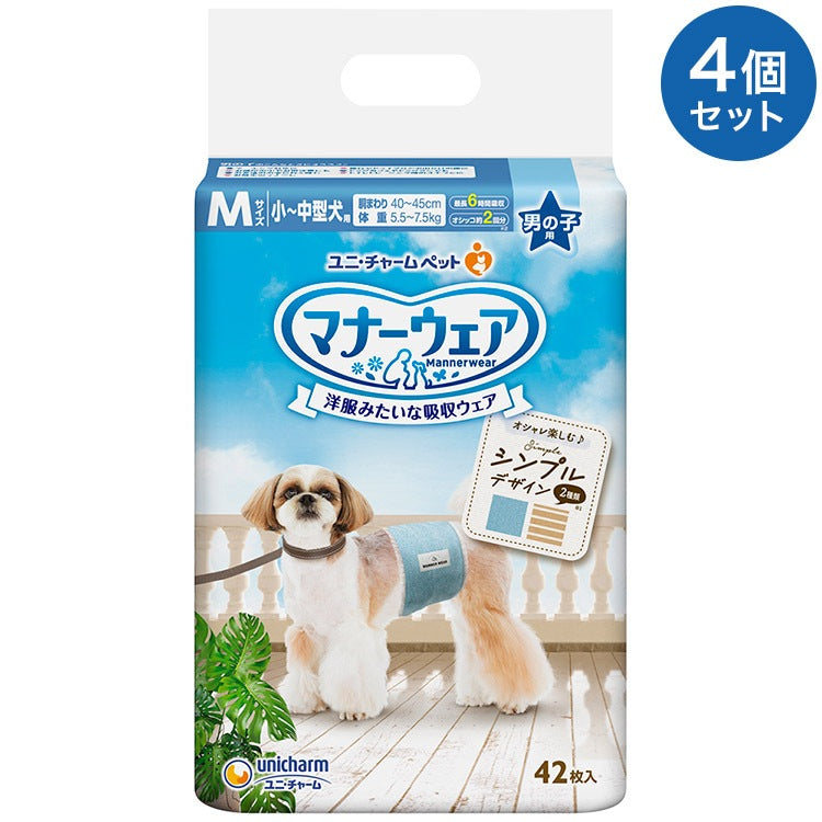 <a href="https://www.qoo10.jp/gmkt.inc/Search/brand.aspx?brandno=18151" target="_blank" class="title_brand" id="btn_brand" title="ユニ・チャーム">ユニ・チャーム</a>【4個セット】 マナーウェア 男の子用 M モカストライプライトブルージーンズ 42枚 小型犬用 中型犬用 犬用おむつ マナーおむつ ペット用 まとめ売り セット売り まとめ買い