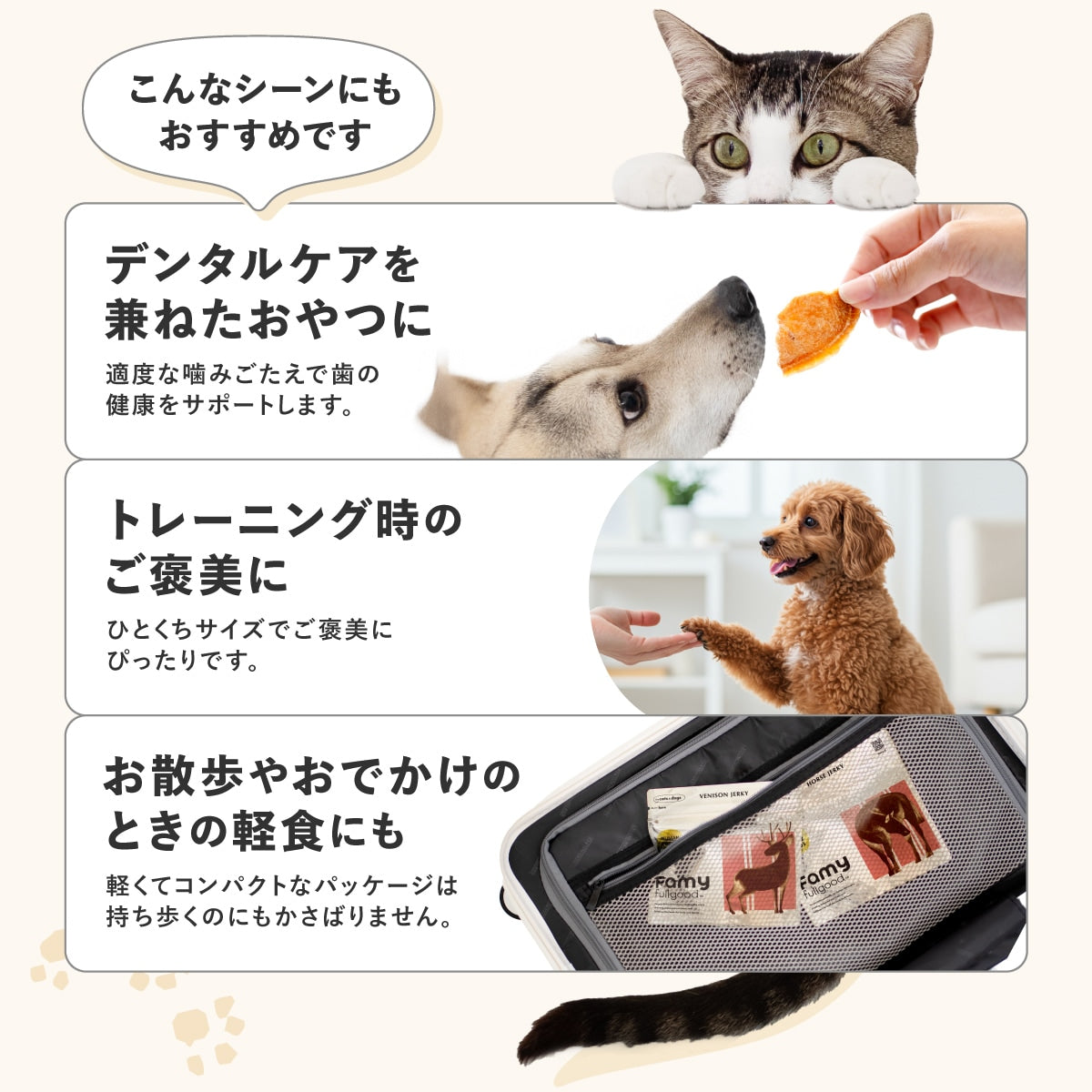 <a href="https://www.qoo10.jp/gmkt.inc/Search/brand.aspx?brandno=107804" target="_blank" class="title_brand" id="btn_brand" title="Famy">Famy</a>【New!】 Famy fullgood 犬猫用ジャーキー 40g×2袋セット 獣医師推奨 おやつ 無添加 国産 鶏むね肉 馬肉 鹿肉 選べる3種 ペットフード ドッグフード