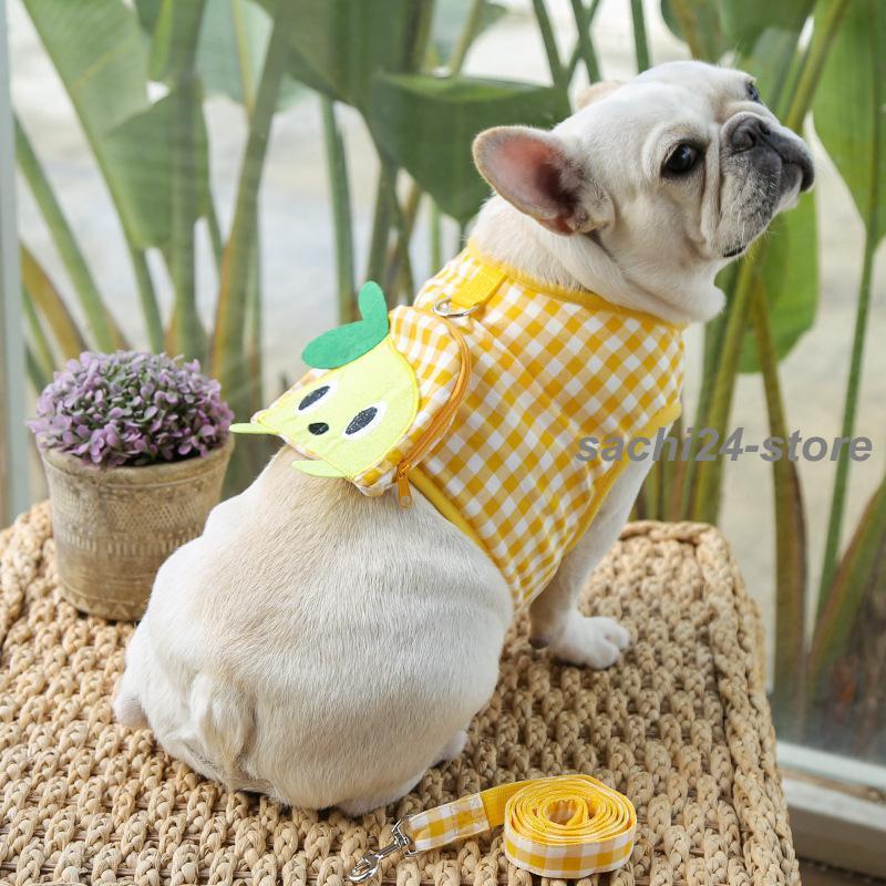 着脱簡単 ハーネス カジュアル チェック柄 猫用 おしゃれ リード レモン バッグ付き 犬用 かわいい 2点セット 苺 ブドウ Dカン 縄 ペット用品