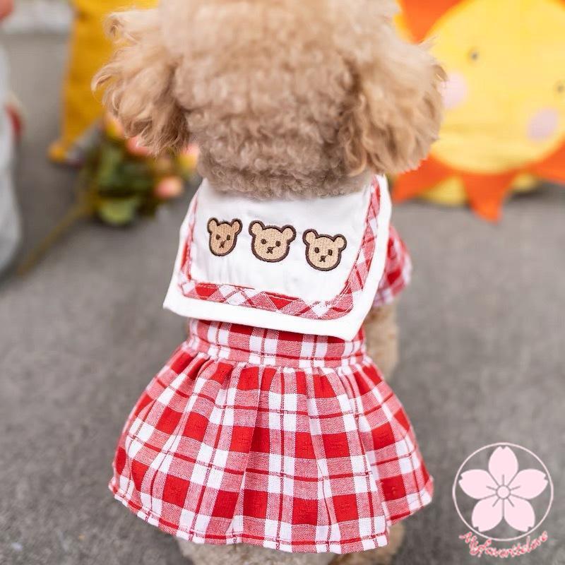 高級な質感 ペット 服 安い犬 春 夏 秋 ギンガム チェック ワンピース くまちゃん 柄 えり かわいい 可愛い ハイブランド 猫 ドッグウェア