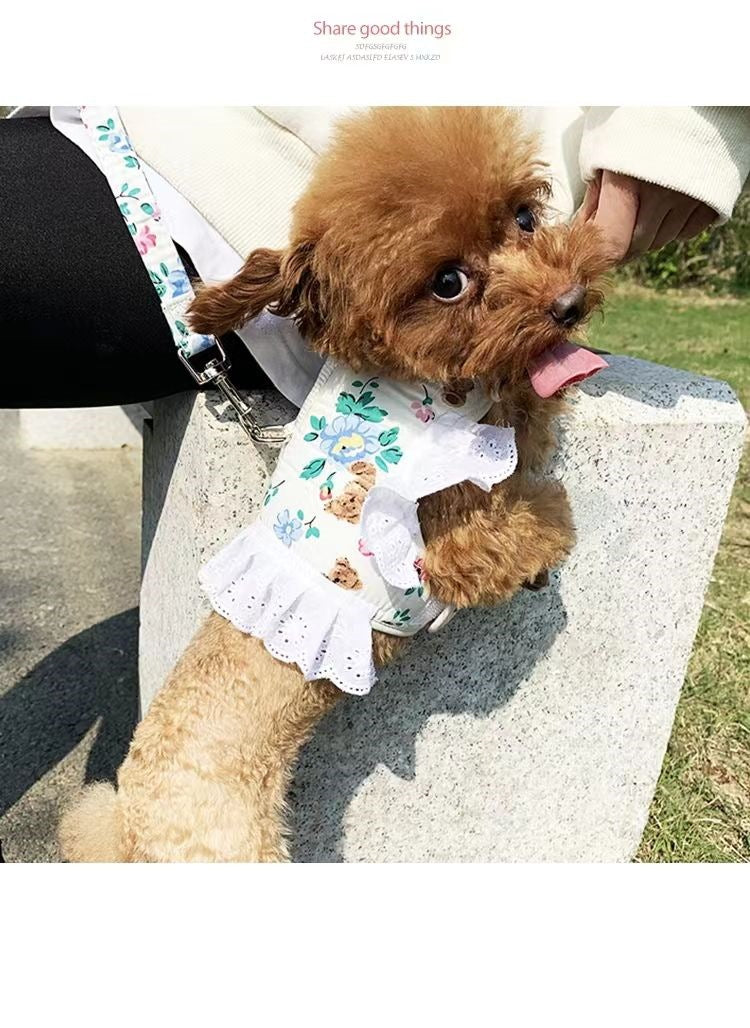 犬猫牽引ロープお姫様風通気ロープ小型犬かわいい子犬ペット胸帯猫服