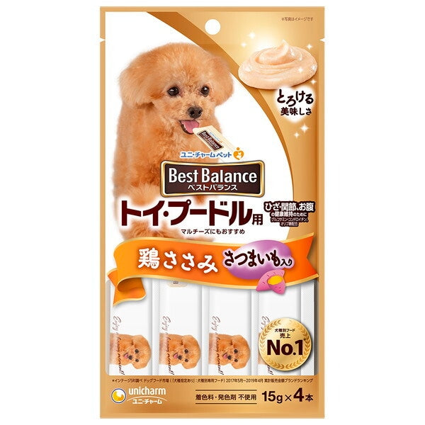<a href="https://www.qoo10.jp/gmkt.inc/Search/brand.aspx?brandno=18151" target="_blank" class="title_brand" id="btn_brand" title="ユニ・チャーム">ユニ・チャーム</a>ベストバランスおやつ トイプードル用 鶏ささみ入り 15g4本