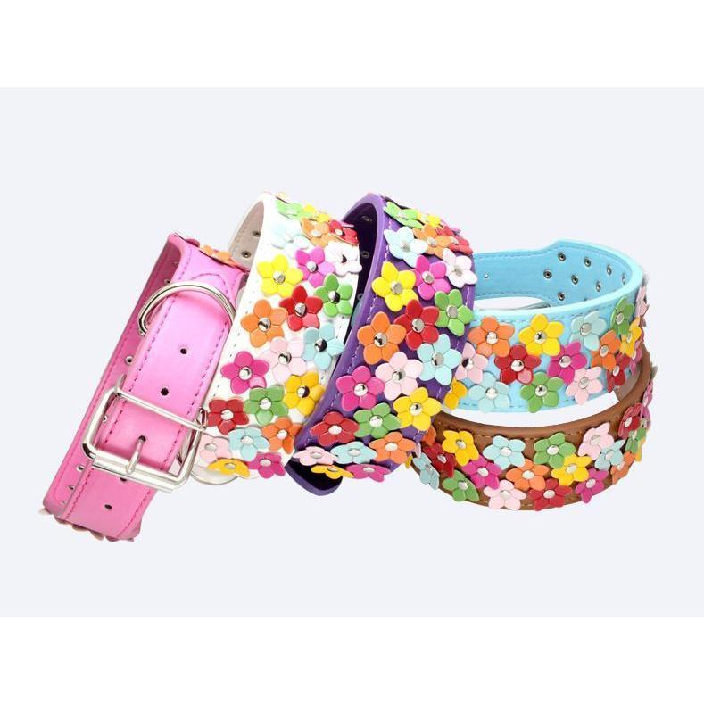首輪 リード 犬用 ペット用 単品 幅広 カラー スタッズ 牽引紐 散歩紐 ドッグ 鋲 花 フラワー フェイクレザー かわいい カラフル ベルト おし