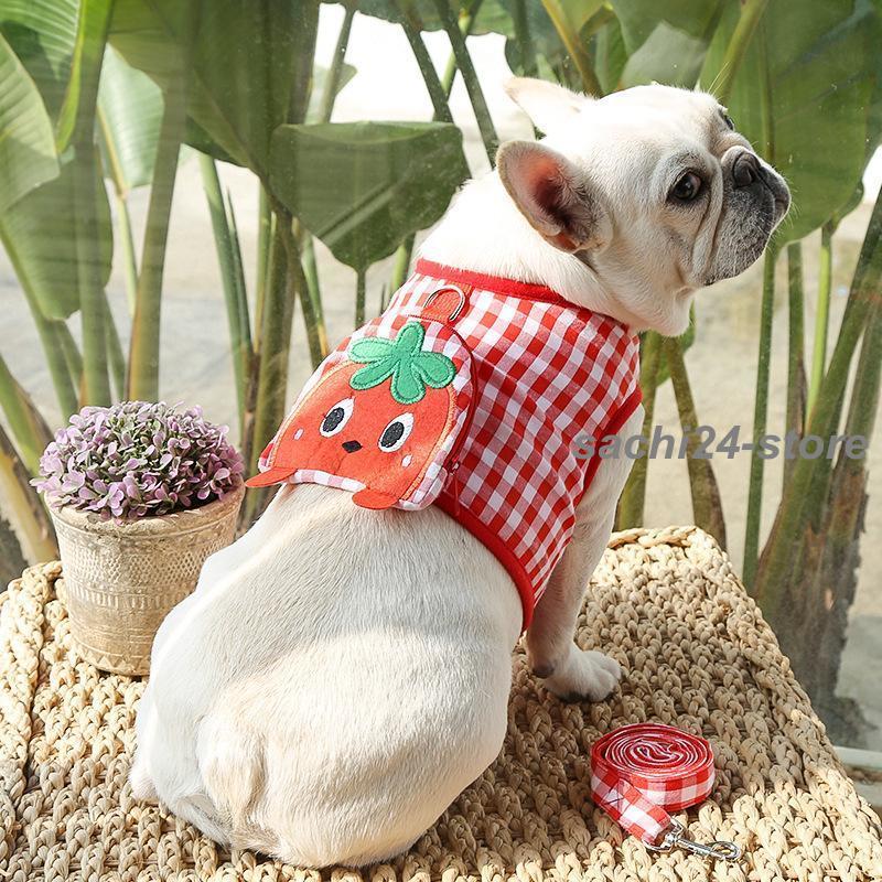 着脱簡単 ハーネス カジュアル チェック柄 猫用 おしゃれ リード レモン バッグ付き 犬用 かわいい 2点セット 苺 ブドウ Dカン 縄 ペット用品