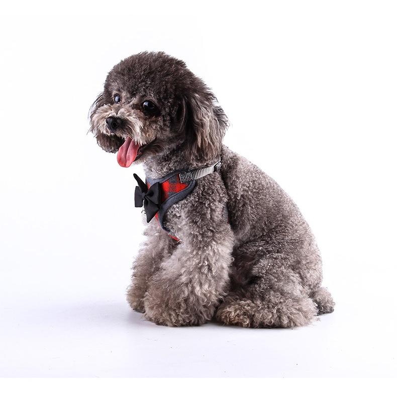 【在庫限り】犬 サイズ調整可 チェック柄 首輪 小型犬用 リード 中型犬用 蝶ネクタイ ワンちゃん 犬用 ペット リボン ハーネスリードセット ハーネス