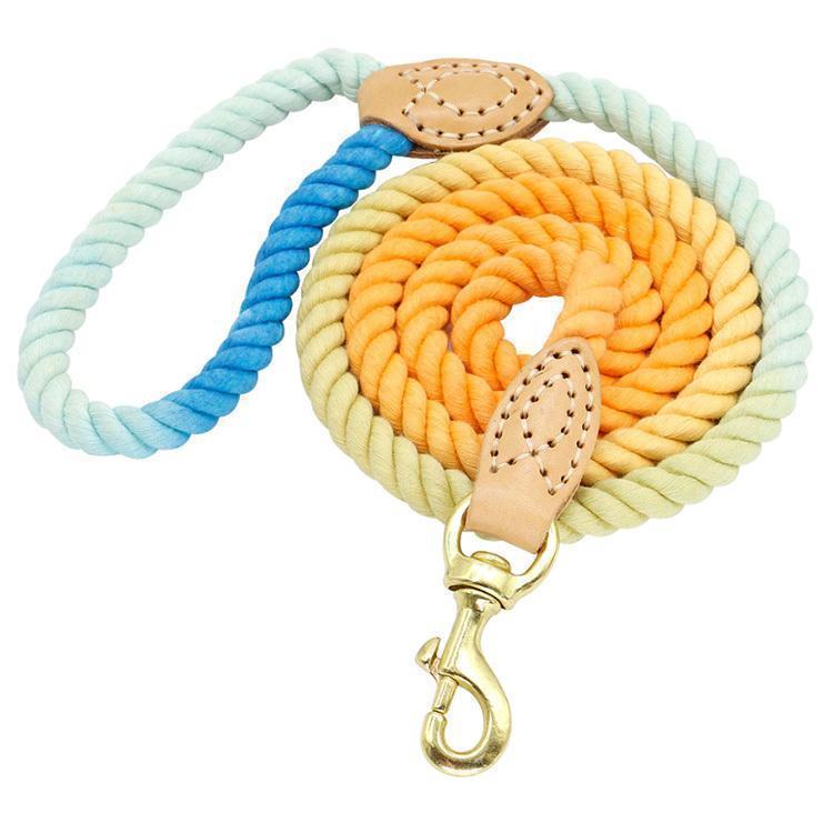 犬 リード ロープ 手作り ハンドメイド 自然素材 低アレルギー性 天然コットン 綿 本革 リアルレザー ゴールド 丈夫 かわいい おしゃれ 小型犬 中型犬 大型犬